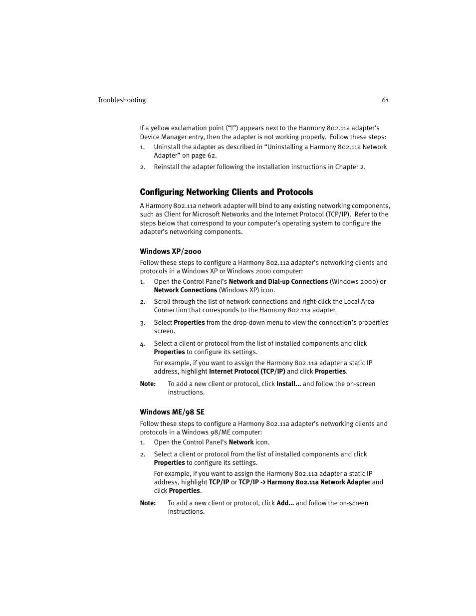 Configuring networking clients and protocols, Windows xp/2000, Windows me/98 se | Harmony House 802.11a User Manual | Page 61 / 76