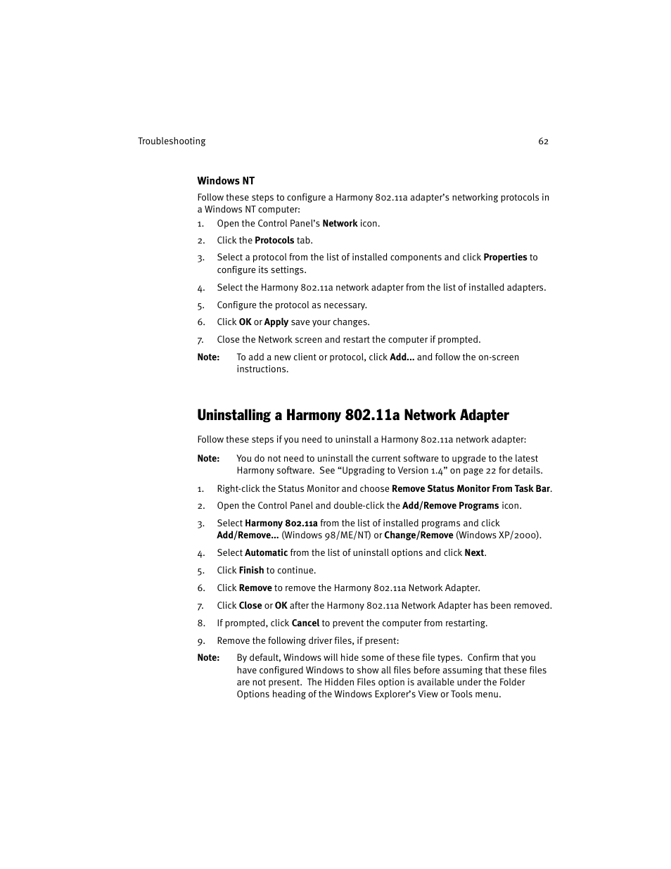 Windows nt, Uninstalling a harmony 802.11a network adapter | Harmony House 802.11a User Manual | Page 62 / 76