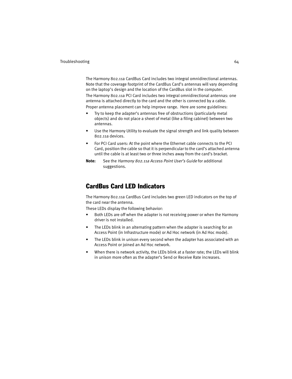Cardbus card led indicators | Harmony House 802.11a User Manual | Page 64 / 76