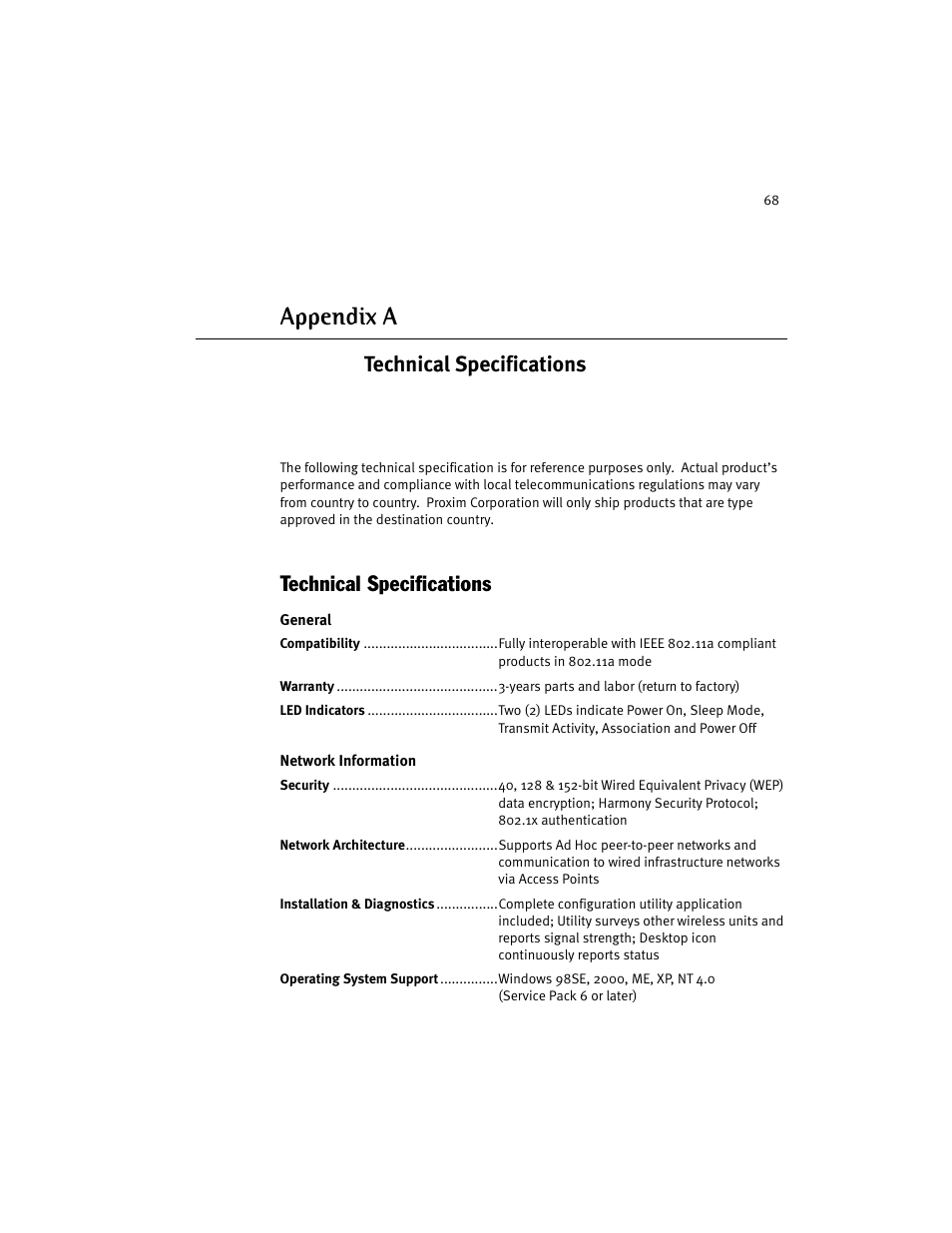 Technical specifications, Appendix a - technical specifications, Appendix a | Harmony House 802.11a User Manual | Page 68 / 76