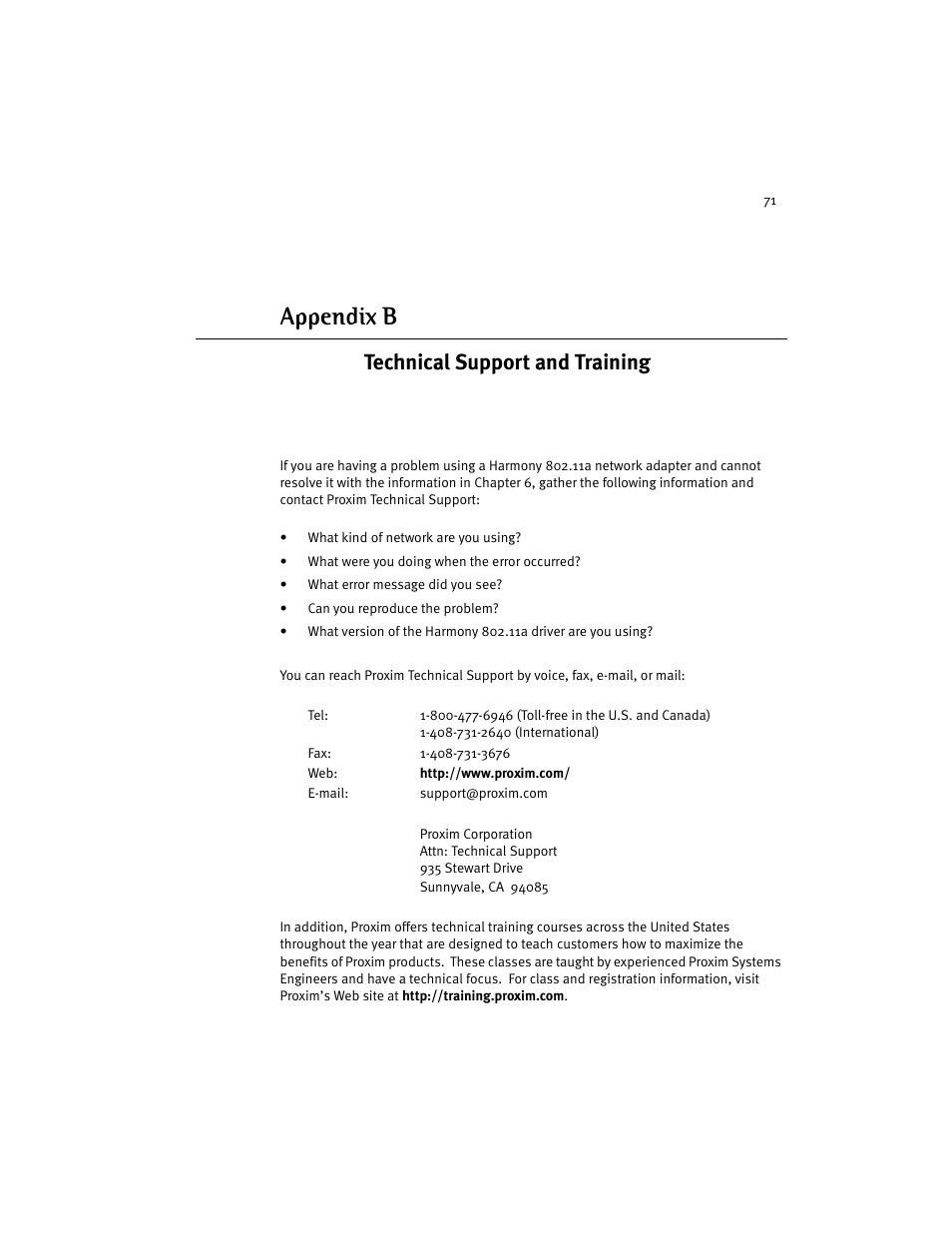 Technical support and training, Appendix b - technical support and training, Appendix b | Harmony House 802.11a User Manual | Page 71 / 76