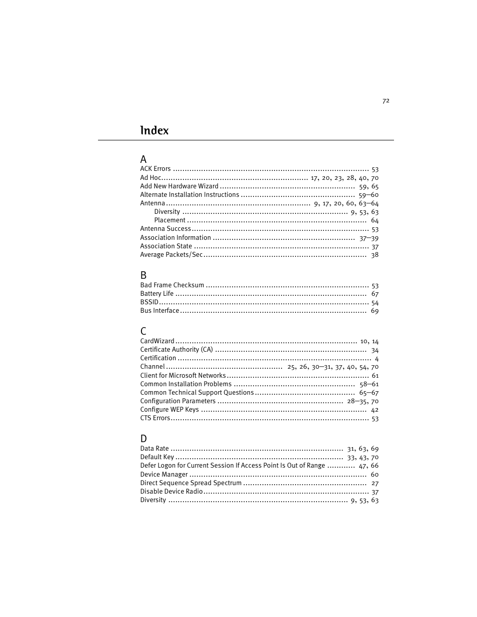 Index | Harmony House 802.11a User Manual | Page 72 / 76