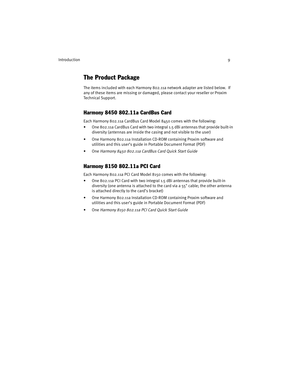 The product package, Harmony 8450 802.11a cardbus card, Harmony 8150 802.11a pci card | Harmony House 802.11a User Manual | Page 9 / 76