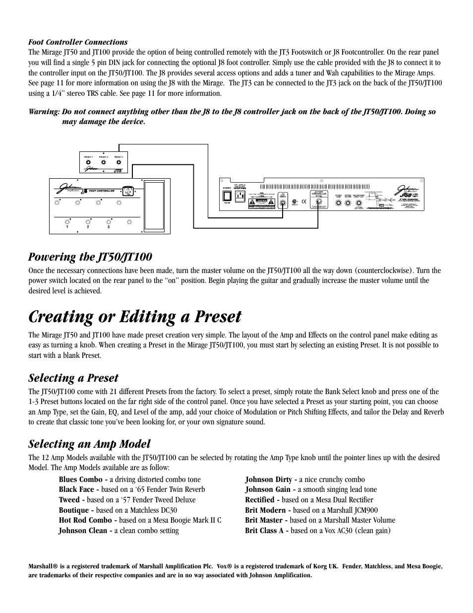 Creating or editing a preset, Selecting a preset, Selecting an amp model | Harmony House JT100 User Manual | Page 11 / 20