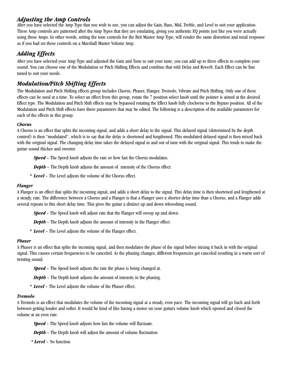 Adjusting the amp controls, Adding effects, Modulation/pitch shifting effects | Harmony House JT100 User Manual | Page 12 / 20