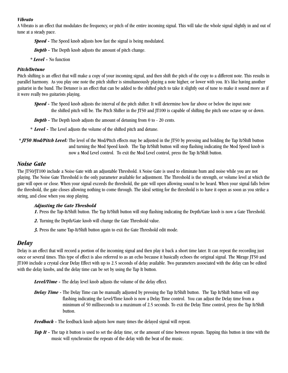 Noise gate, Delay | Harmony House JT100 User Manual | Page 13 / 20