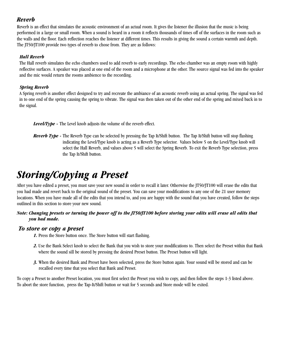Storing/copying a preset | Harmony House JT100 User Manual | Page 14 / 20