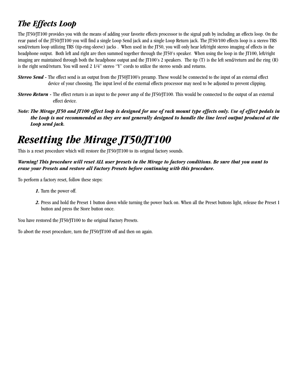 The effects loop | Harmony House JT100 User Manual | Page 17 / 20