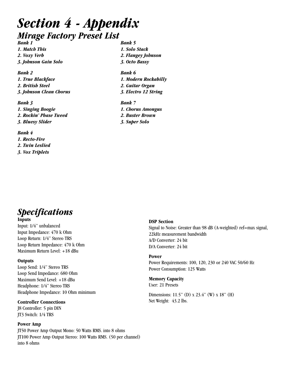 Mirage factory preset list, Specifications | Harmony House JT100 User Manual | Page 18 / 20