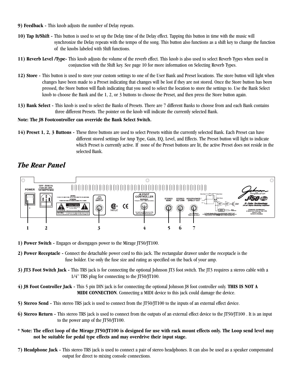 The rear panel | Harmony House JT100 User Manual | Page 8 / 20