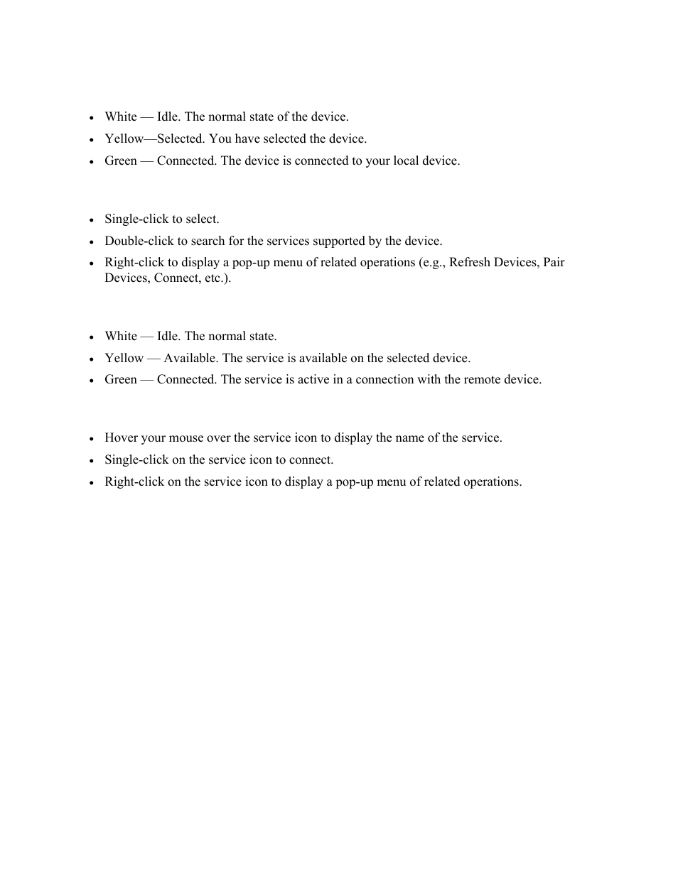 Remote devices — icon meanings, Remote devices — operations, Services — icon meanings | Services — operations | HiFi Works BlueSoleil User Manual | Page 6 / 47