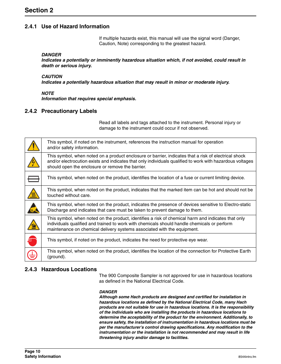 1 use of hazard information, 2 precautionary labels, 3 hazardous locations | Hach SIGMA 900 User Manual | Page 10 / 52