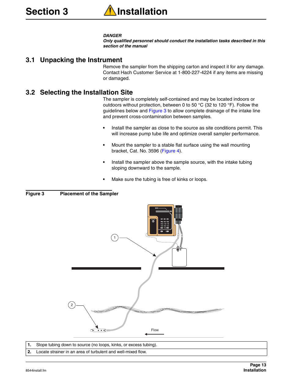 Section 3 installation, 1 unpacking the instrument, 2 selecting the installation site | Figure 3 placement of the sampler | Hach SIGMA 900 User Manual | Page 13 / 52