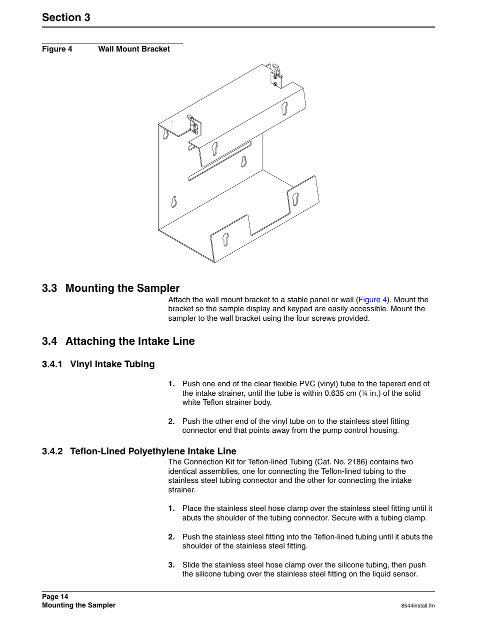 Figure 4 wall mount bracket, 3 mounting the sampler, 4 attaching the intake line | 1 vinyl intake tubing, 2 teflon-lined polyethylene intake line, Figure 4 | Hach SIGMA 900 User Manual | Page 14 / 52