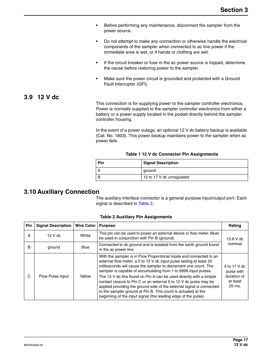 9 12 v dc, Table 1 12 v dc connector pin assignments, 10 auxiliary connection | Table 2 auxiliary pin assignments | Hach SIGMA 900 User Manual | Page 17 / 52