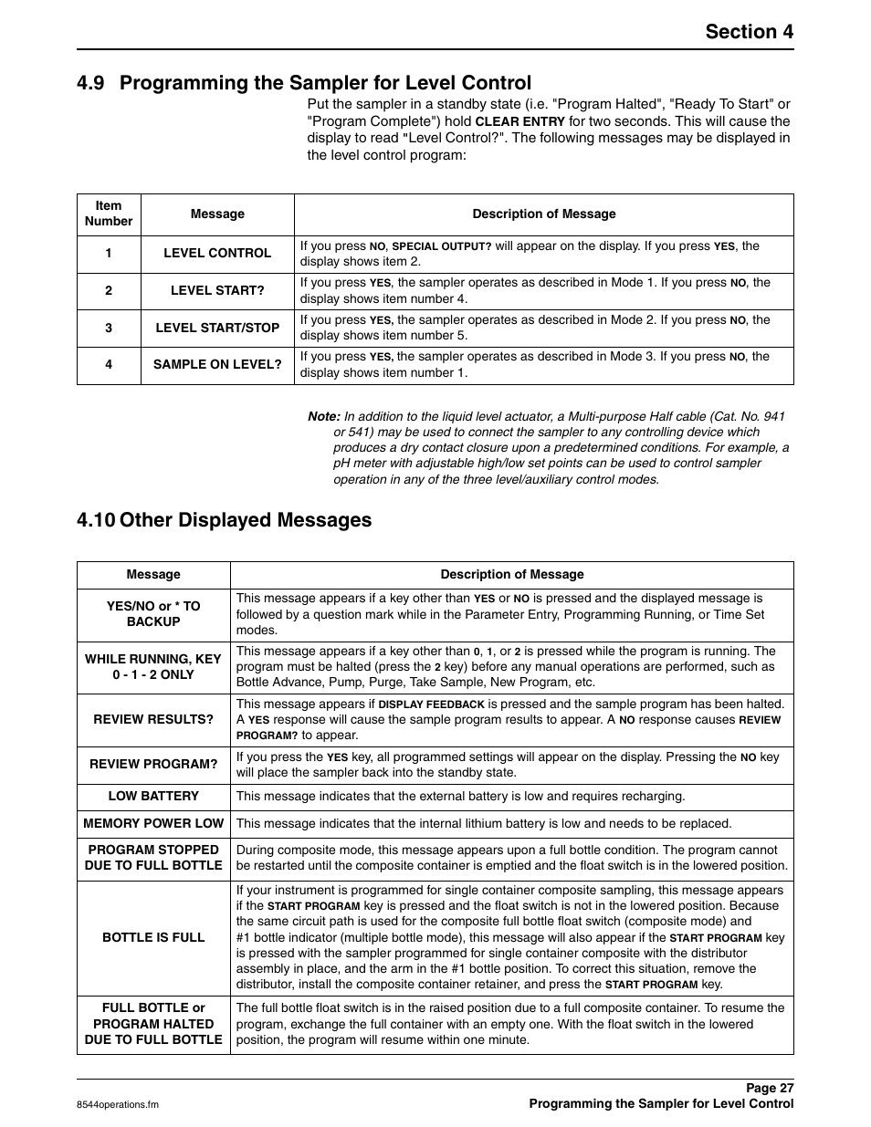 9 programming the sampler for level control, 10 other displayed messages | Hach SIGMA 900 User Manual | Page 27 / 52