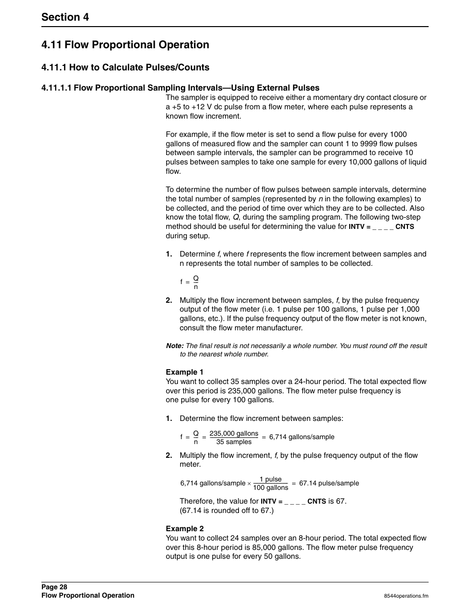 11 flow proportional operation, 1 how to calculate pulses/counts, Example 1 | Determine the flow increment between samples, Example 2 | Hach SIGMA 900 User Manual | Page 28 / 52