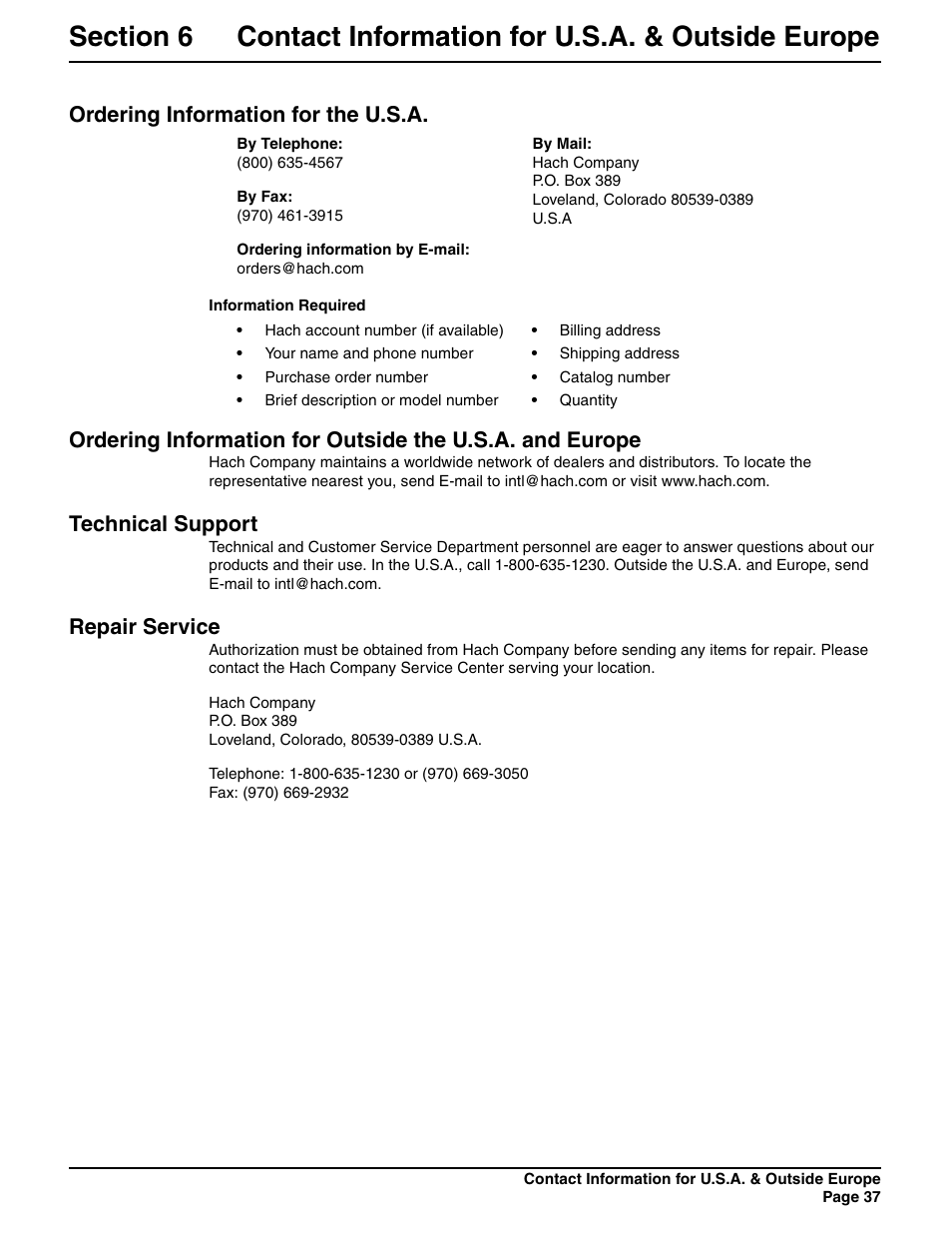 By telephone, By fax, Ordering information by e-mail | By mail, Information required, Ordering information for the u.s.a, Technical support, Repair service | Hach SIGMA 900 User Manual | Page 37 / 52