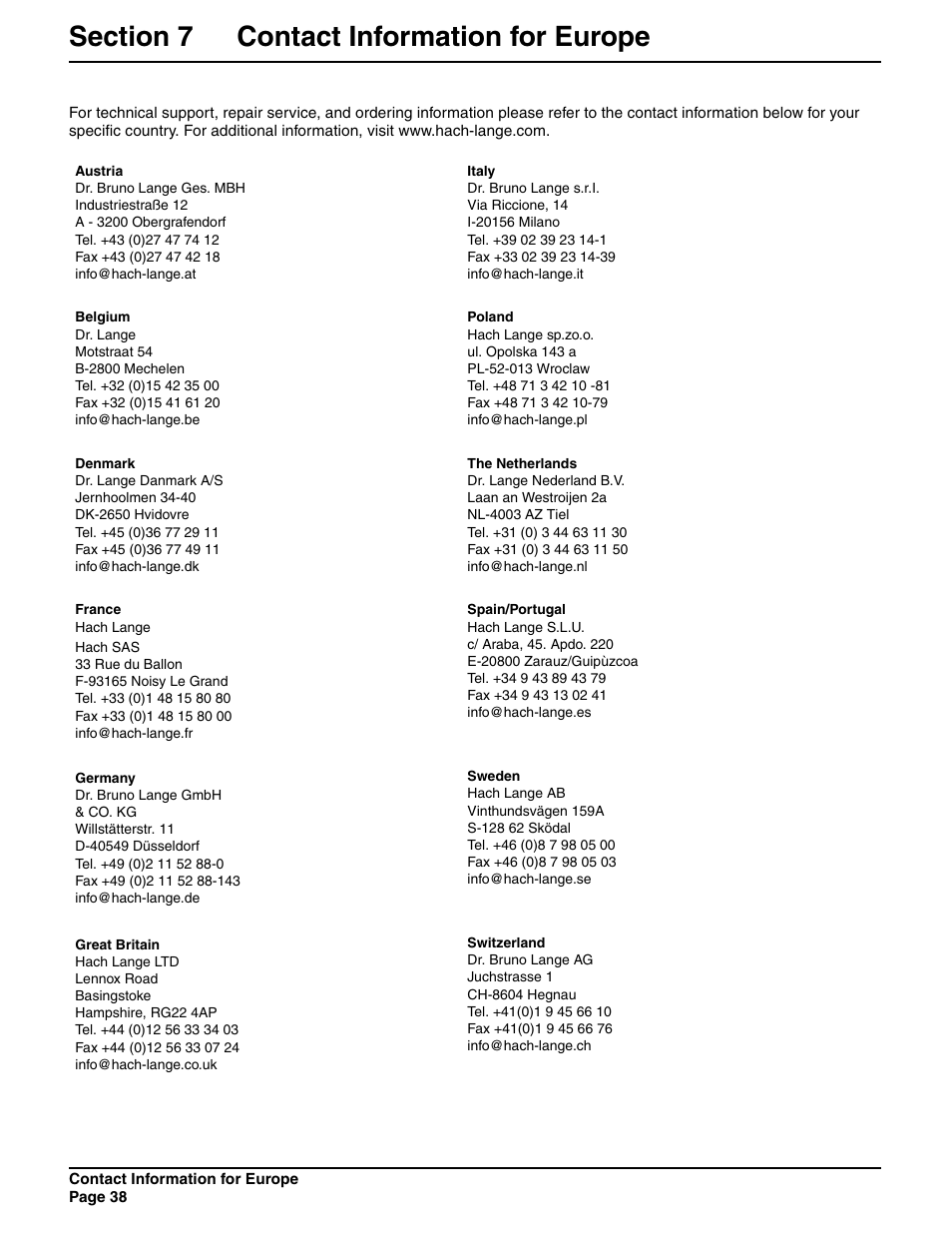Section 7 contact information for europe | Hach SIGMA 900 User Manual | Page 38 / 52