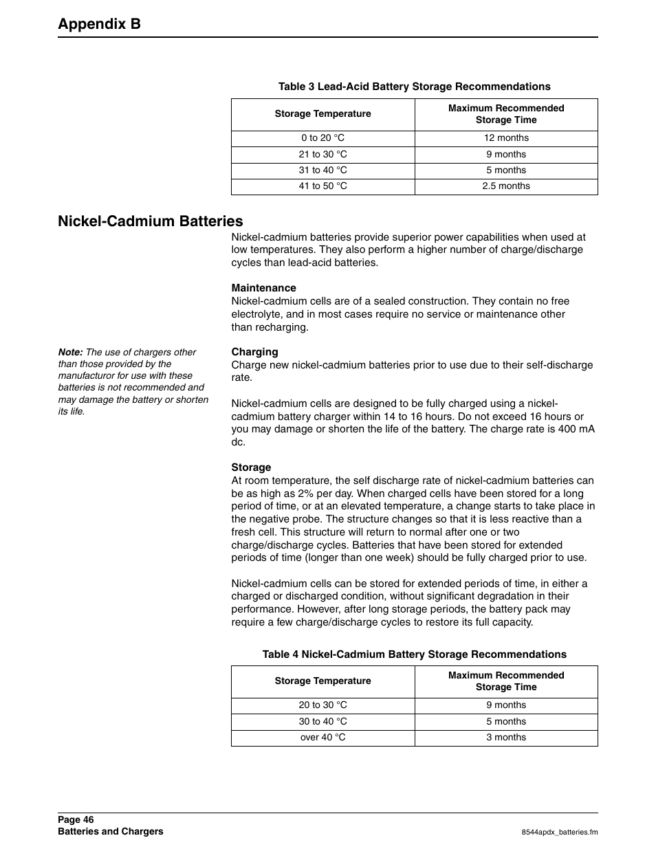 Table 3 lead-acid battery storage recommendations, Nickel-cadmium batteries, Maintenance | Charging, Storage, Appendix b nickel-cadmium batteries | Hach SIGMA 900 User Manual | Page 46 / 52