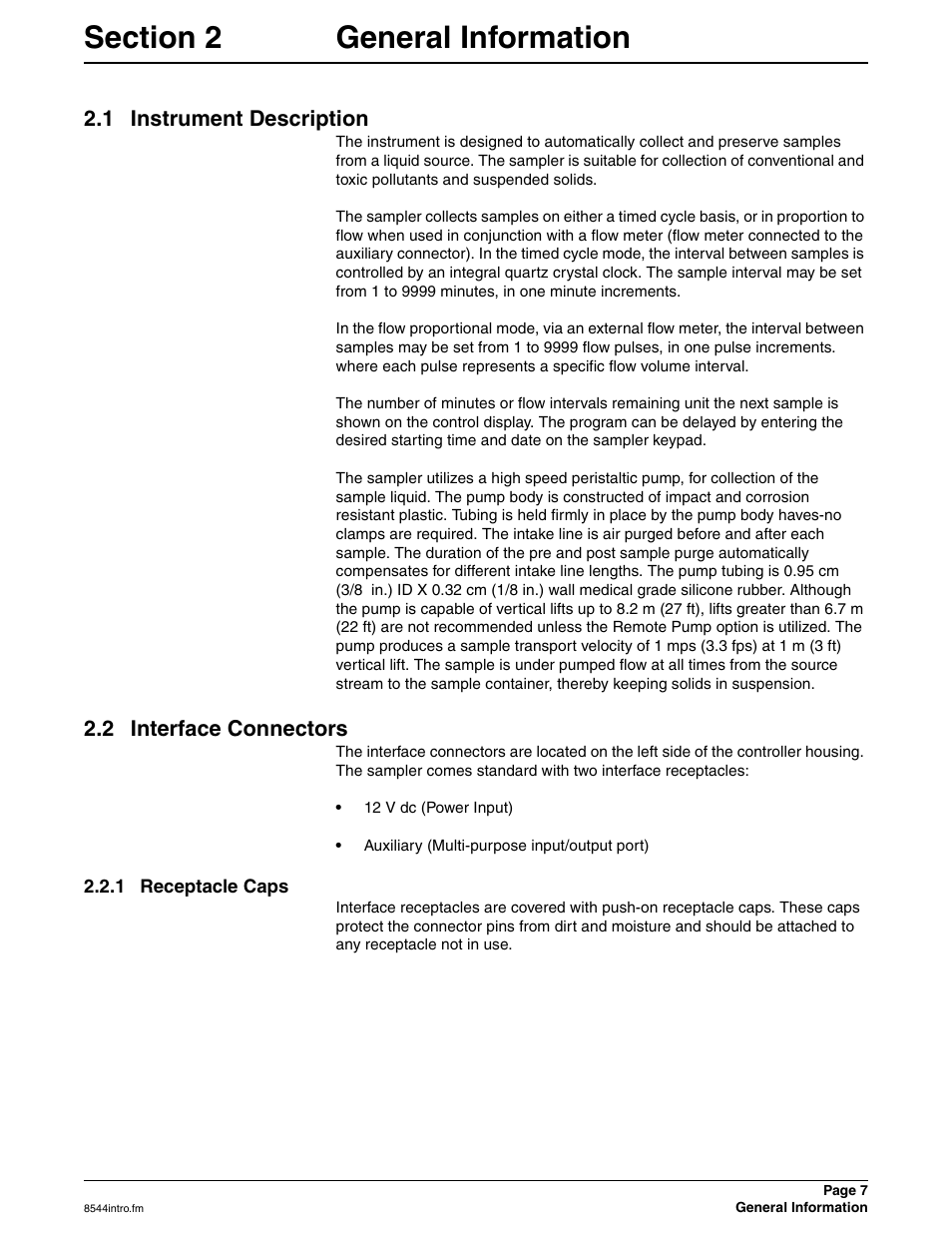 Section 2 general information, 1 instrument description, 2 interface connectors | 1 receptacle caps | Hach SIGMA 900 User Manual | Page 7 / 52