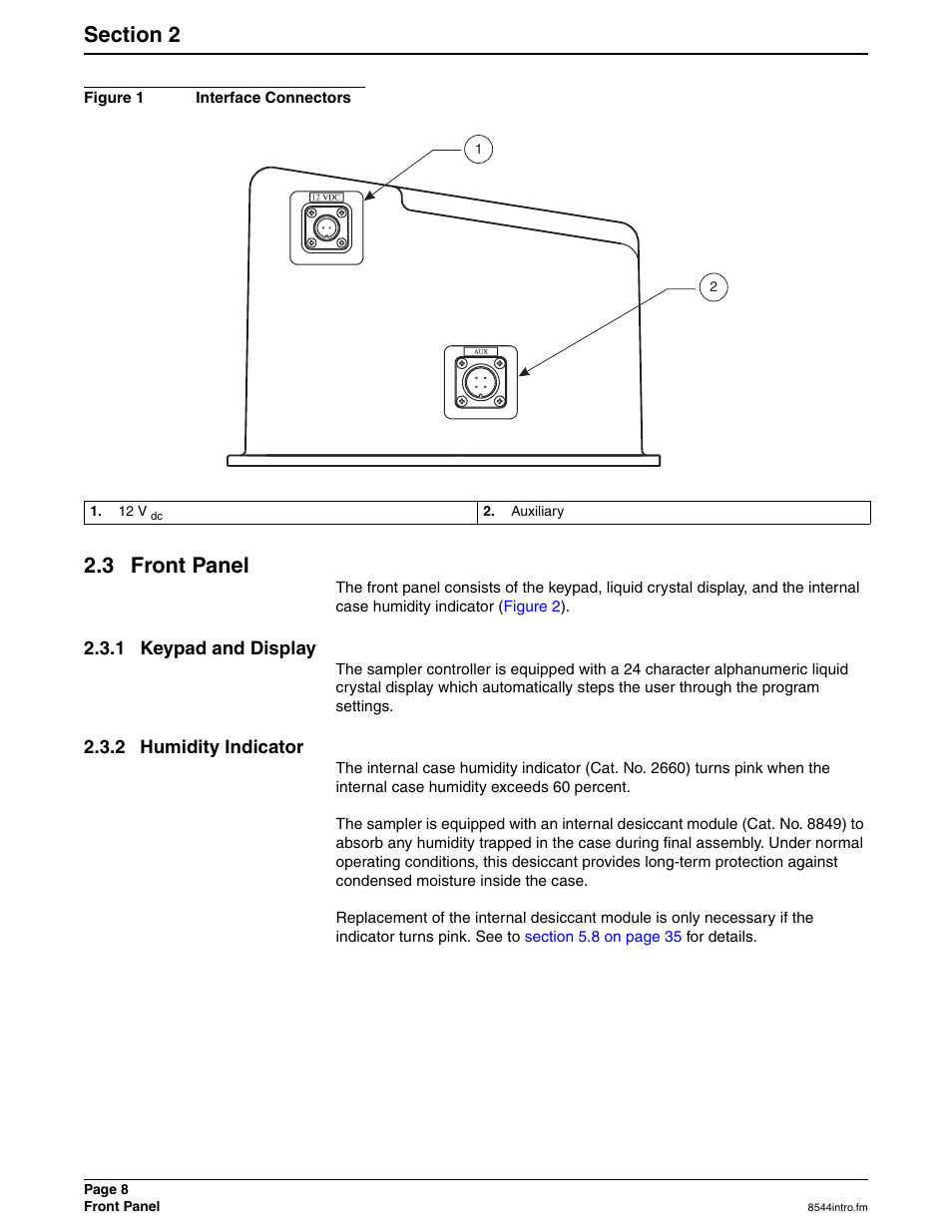 Figure 1 interface connectors, 12 v dc, Auxiliary | 3 front panel, 1 keypad and display, 2 humidity indicator | Hach SIGMA 900 User Manual | Page 8 / 52