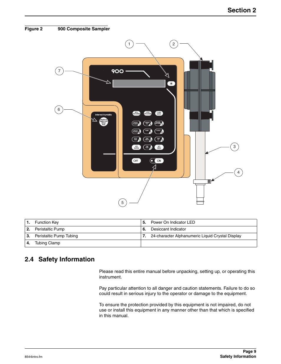 Figure 2 900 composite sampler, Function key, Peristaltic pump | Peristaltic pump tubing, Tubing clamp, Power on indicator led, Desiccant indicator, 24-character alphanumeric liquid crystal display, 4 safety information, Figure 2 | Hach SIGMA 900 User Manual | Page 9 / 52