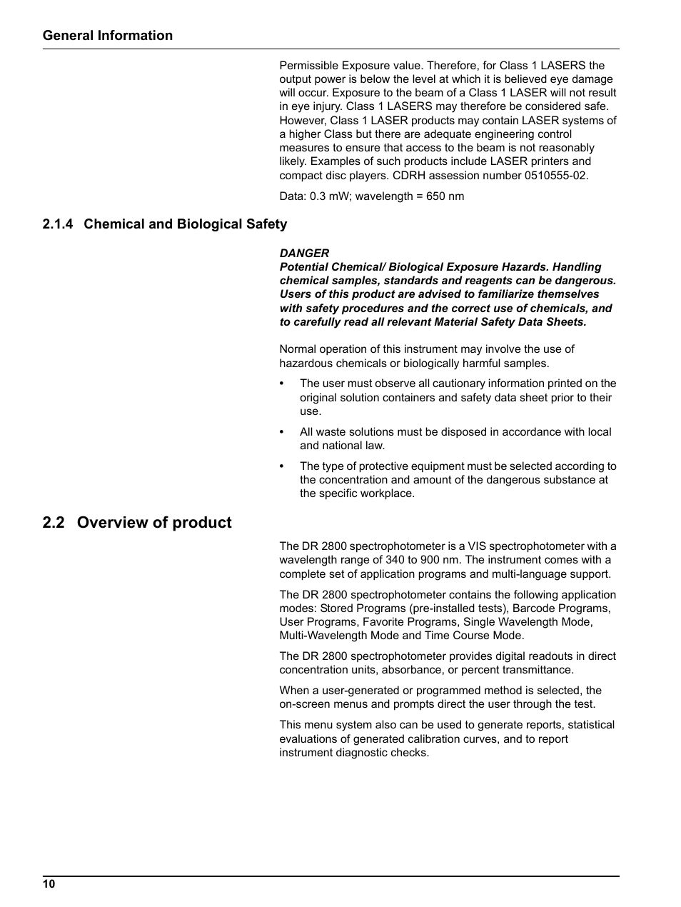 4 chemical and biological safety, 2 overview of product | Hach Portable Spectrophotometer DR 2800 User Manual | Page 10 / 126