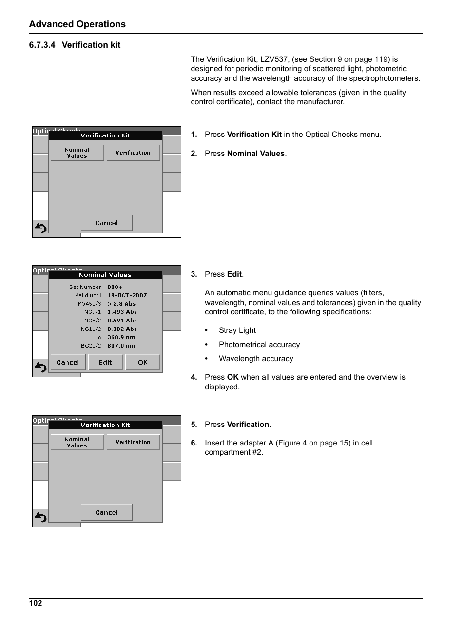 4 verification kit, Advanced operations | Hach Portable Spectrophotometer DR 2800 User Manual | Page 102 / 126