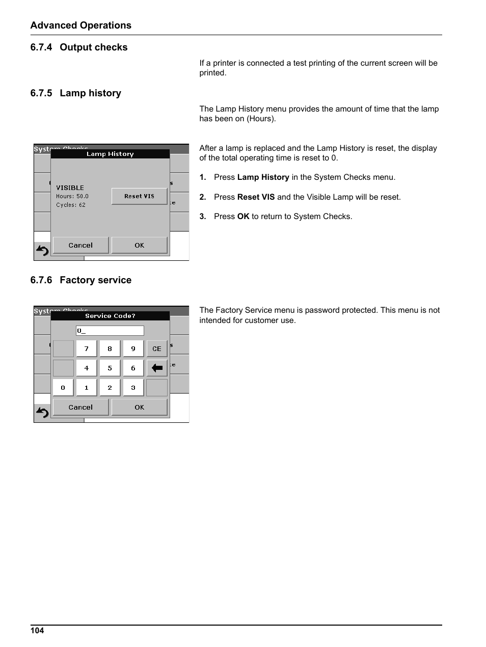 4 output checks, 5 lamp history, 6 factory service | Hach Portable Spectrophotometer DR 2800 User Manual | Page 104 / 126