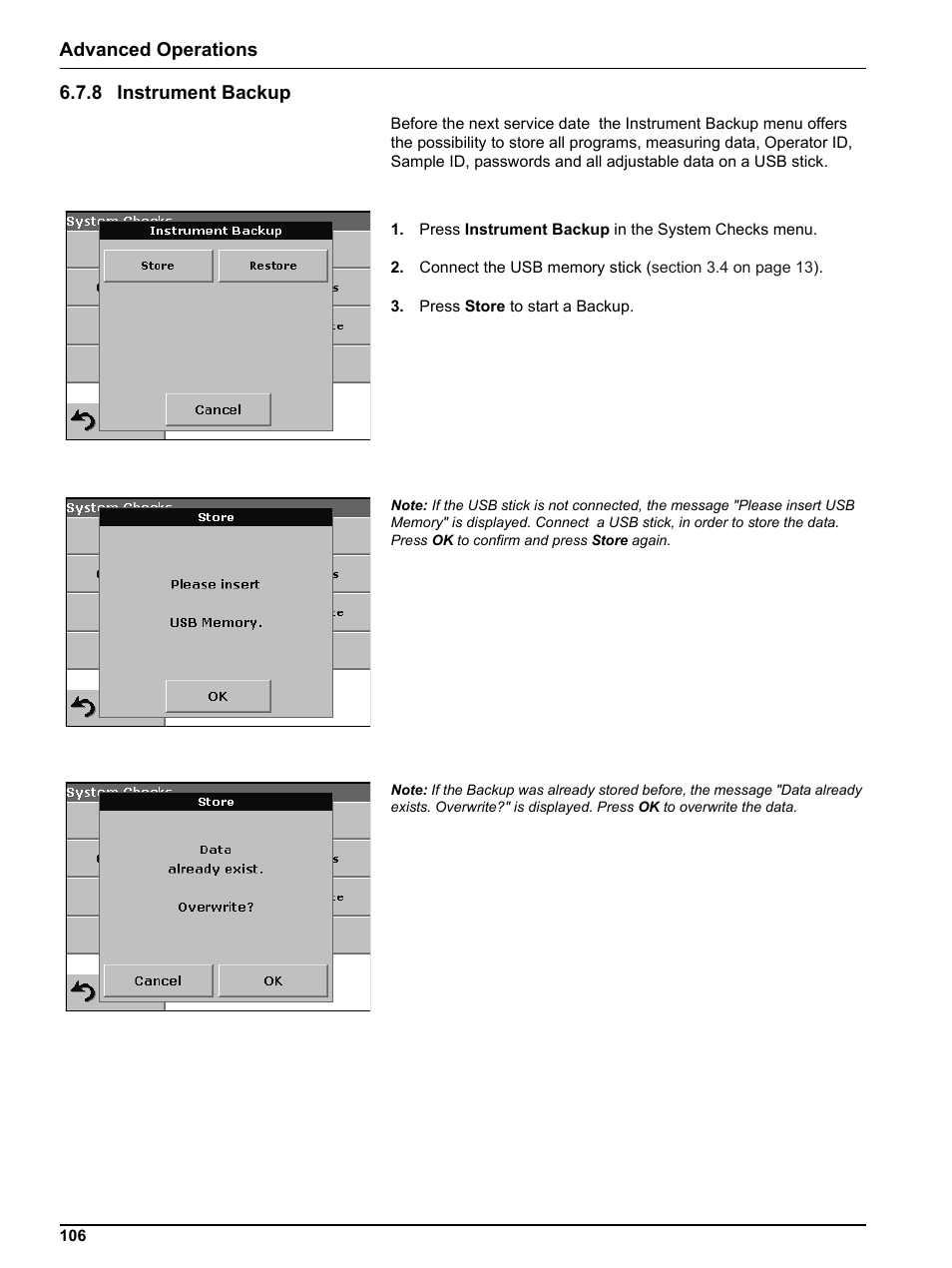 8 instrument backup, Advanced operations 6.7.8 instrument backup | Hach Portable Spectrophotometer DR 2800 User Manual | Page 106 / 126