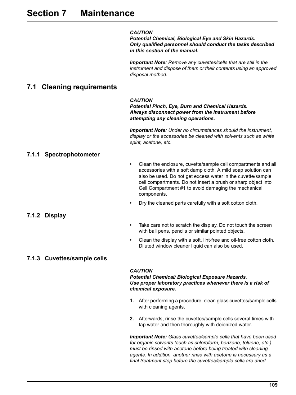 Section 7 maintenance, 1 cleaning requirements, 1 spectrophotometer | 2 display, 3 cuvettes/sample cells | Hach Portable Spectrophotometer DR 2800 User Manual | Page 109 / 126