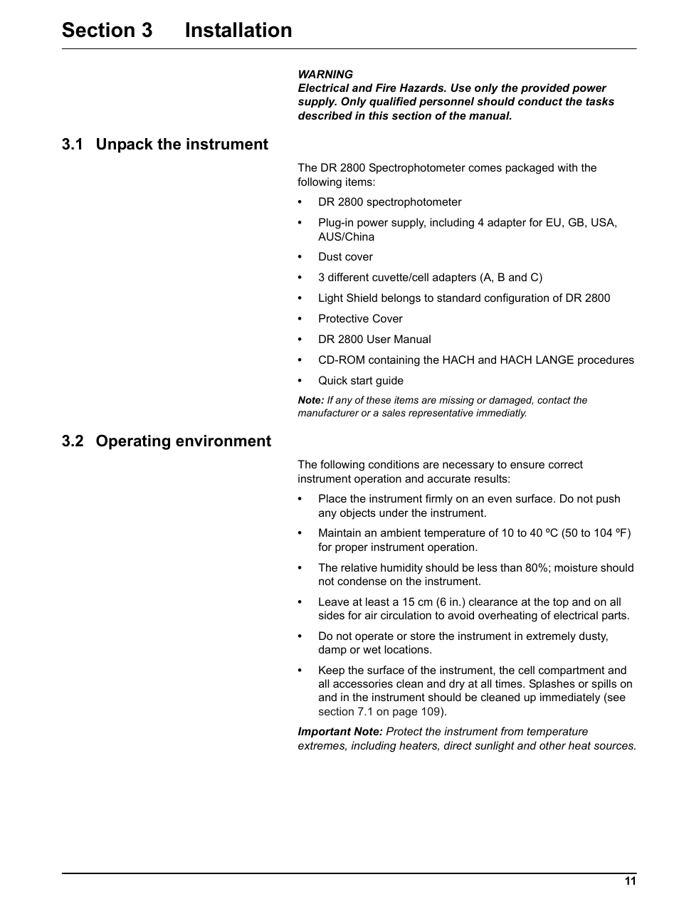 Section 3 installation, 1 unpack the instrument, 2 operating environment | 1 unpack the instrument 3.2 operating environment | Hach Portable Spectrophotometer DR 2800 User Manual | Page 11 / 126