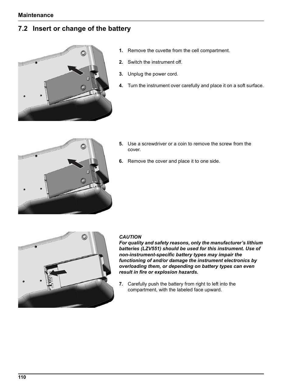 2 insert or change of the battery | Hach Portable Spectrophotometer DR 2800 User Manual | Page 110 / 126