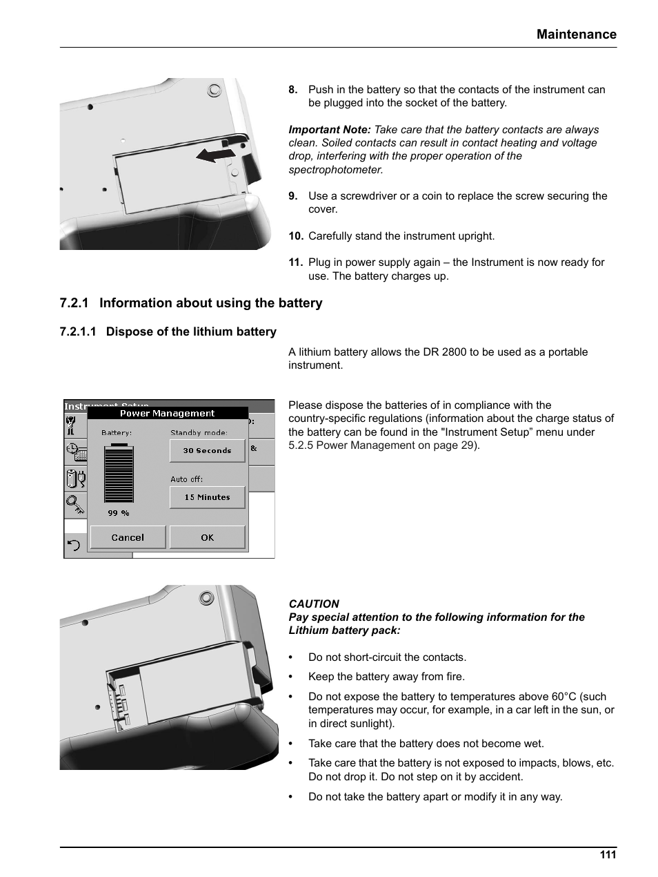 1 information about using the battery, 1 dispose of the lithium battery, Maintenance | Hach Portable Spectrophotometer DR 2800 User Manual | Page 111 / 126