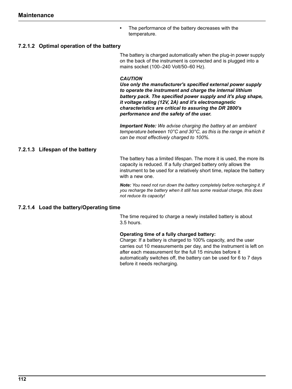 2 optimal operation of the battery, 3 lifespan of the battery, 4 load the battery/operating time | Hach Portable Spectrophotometer DR 2800 User Manual | Page 112 / 126