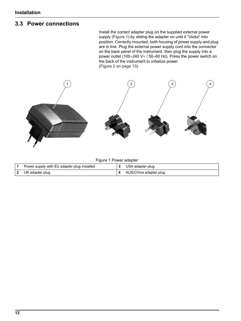 3 power connections, Installation | Hach Portable Spectrophotometer DR 2800 User Manual | Page 12 / 126