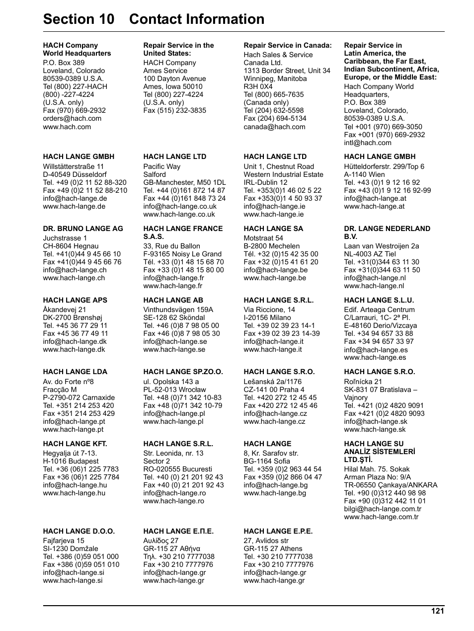 Section 10 contact information | Hach Portable Spectrophotometer DR 2800 User Manual | Page 121 / 126