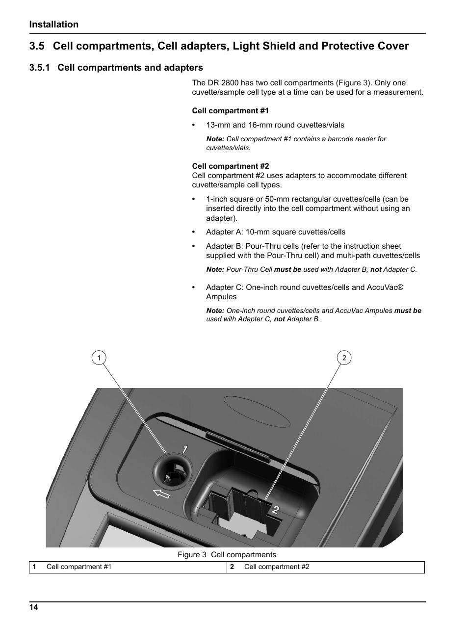 1 cell compartments and adapters, Installation | Hach Portable Spectrophotometer DR 2800 User Manual | Page 14 / 126