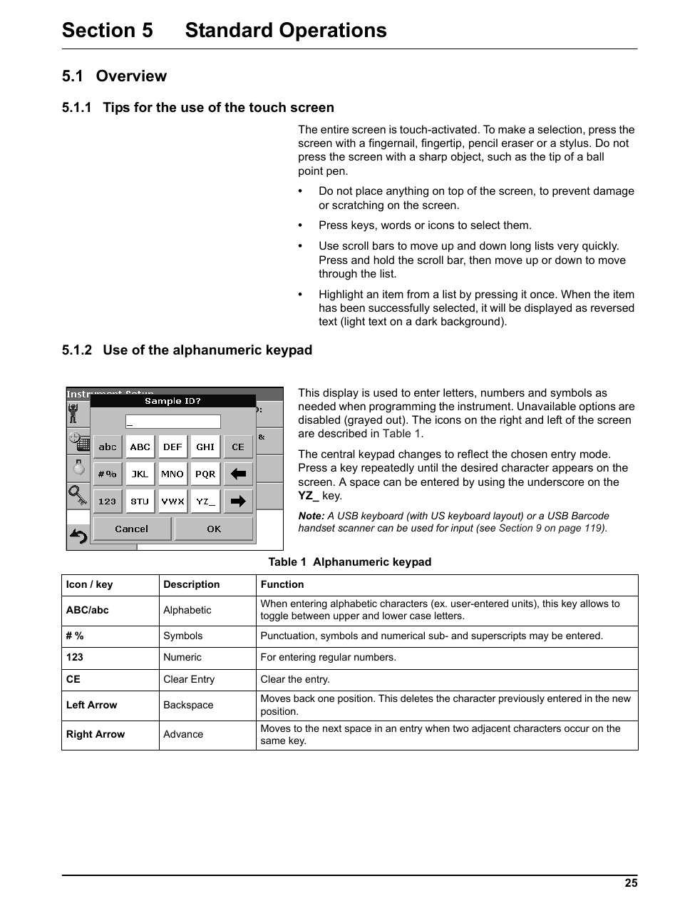 Section 5 standard operations, 1 overview, 1 tips for the use of the touch screen | 2 use of the alphanumeric keypad | Hach Portable Spectrophotometer DR 2800 User Manual | Page 25 / 126