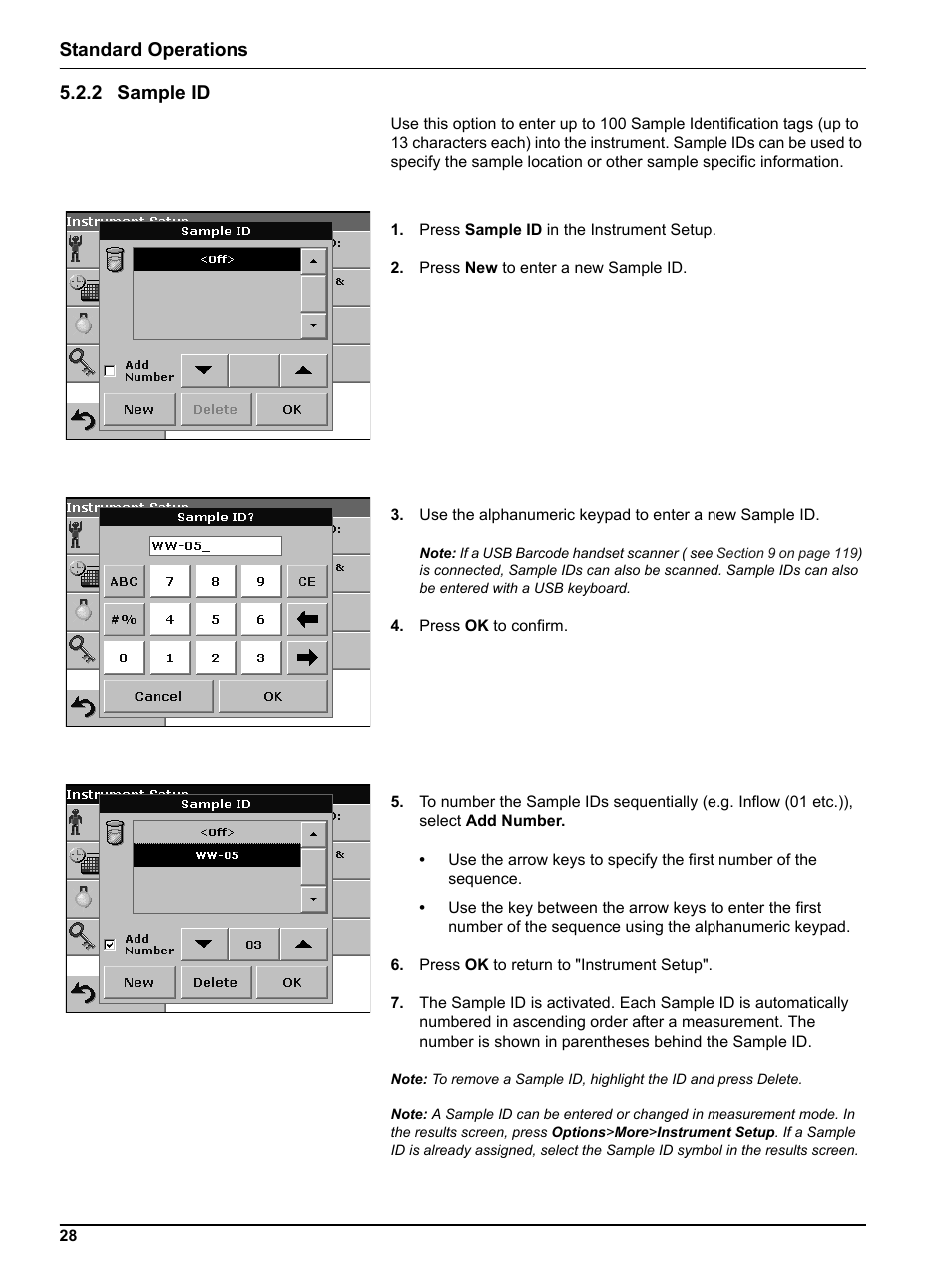 2 sample id, Standard operations 5.2.2 sample id | Hach Portable Spectrophotometer DR 2800 User Manual | Page 28 / 126