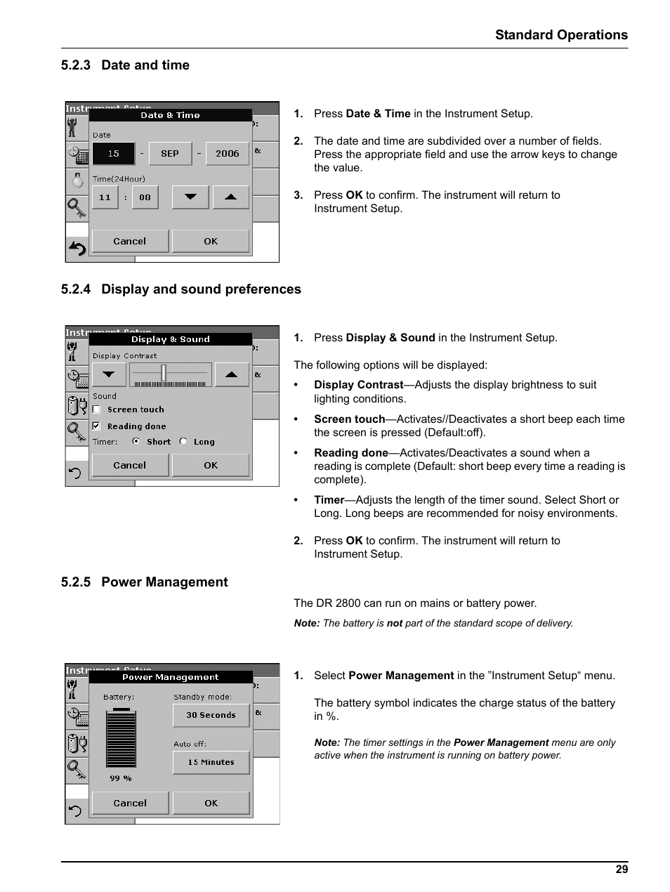 3 date and time, 4 display and sound preferences, 5 power management | Standard operations 5.2.3 date and time | Hach Portable Spectrophotometer DR 2800 User Manual | Page 29 / 126