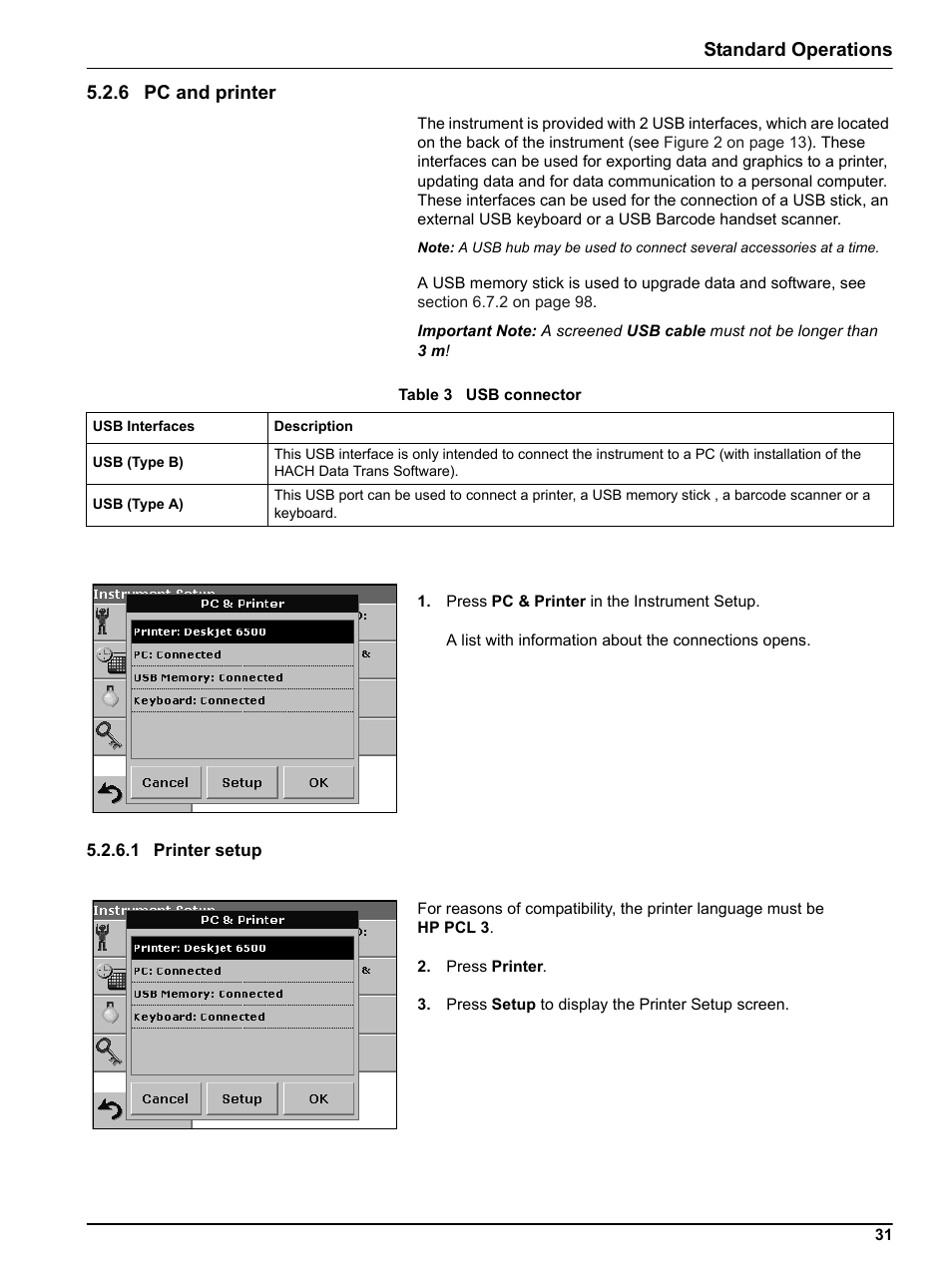 6 pc and printer, 1 printer setup, Standard operations 5.2.6 pc and printer | Hach Portable Spectrophotometer DR 2800 User Manual | Page 31 / 126