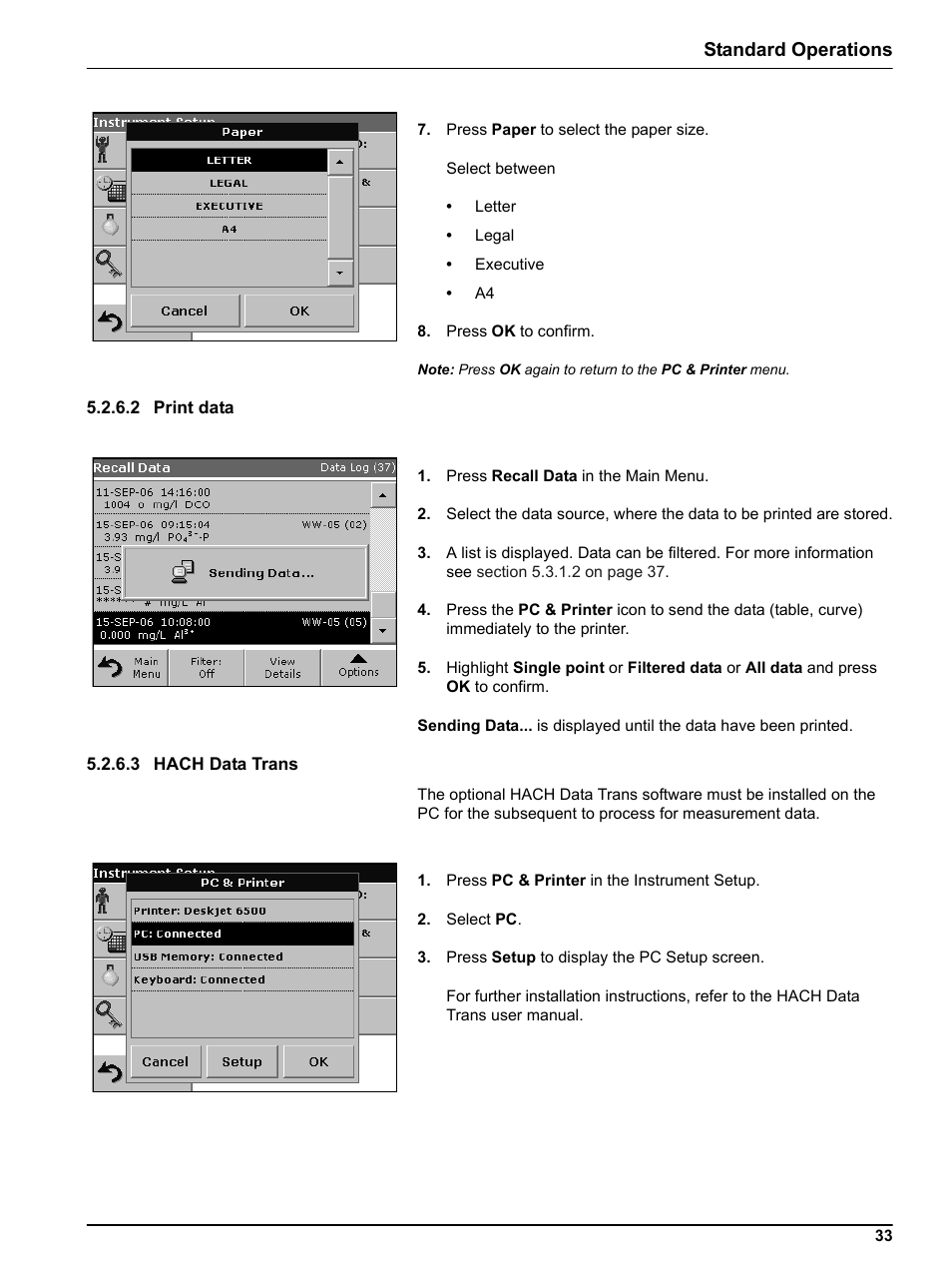2 print data, 3 hach data trans, 2 print data 5.2.6.3 hach data trans | Standard operations | Hach Portable Spectrophotometer DR 2800 User Manual | Page 33 / 126