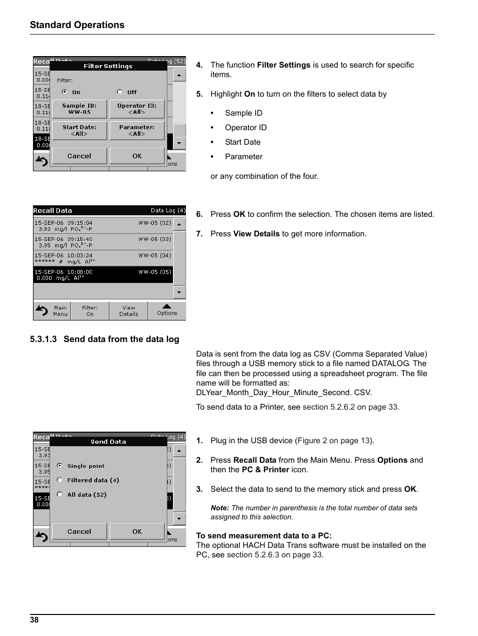 3 send data from the data log, Standard operations | Hach Portable Spectrophotometer DR 2800 User Manual | Page 38 / 126