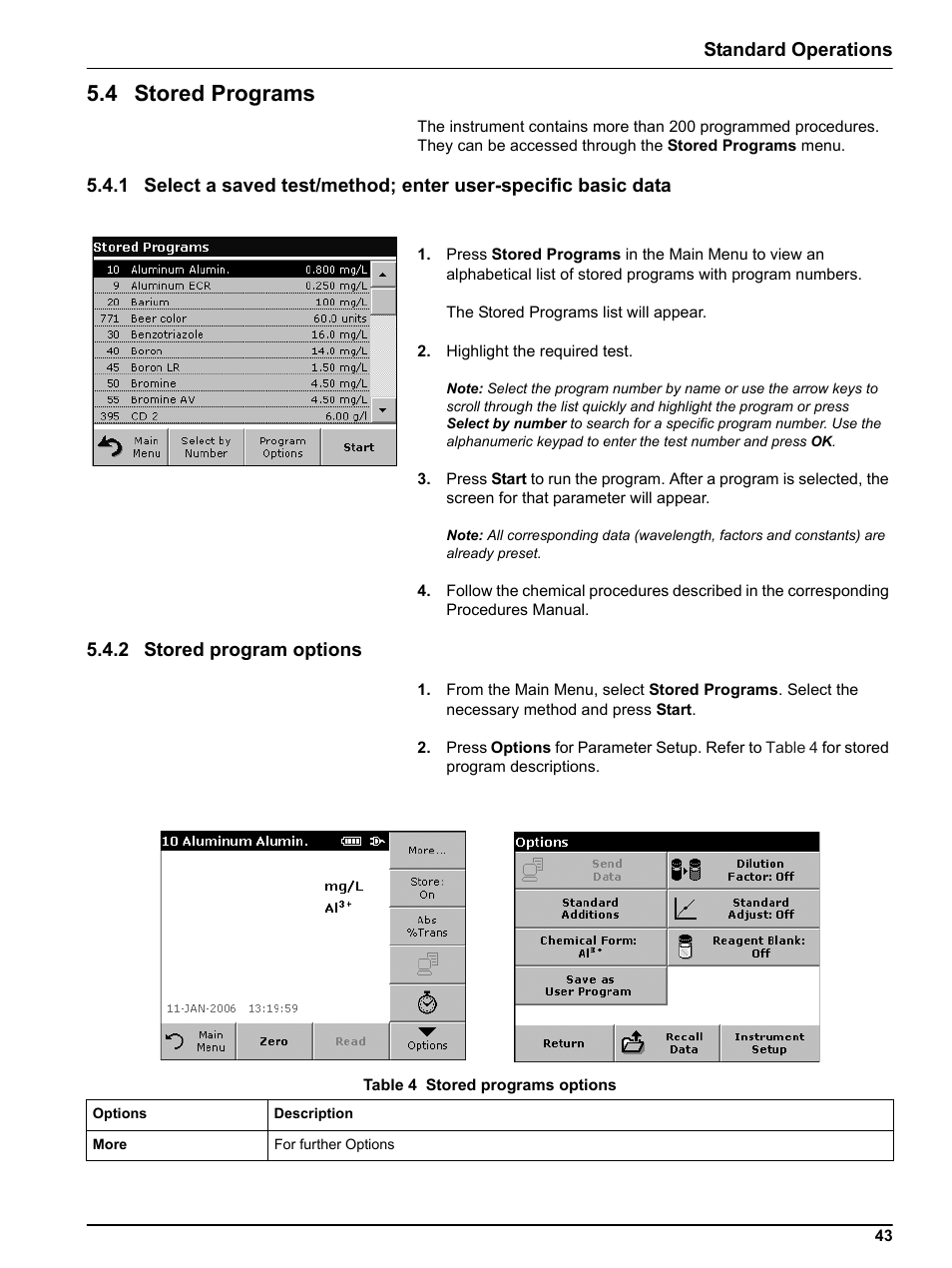 4 stored programs, 2 stored program options, Standard operations | Hach Portable Spectrophotometer DR 2800 User Manual | Page 43 / 126