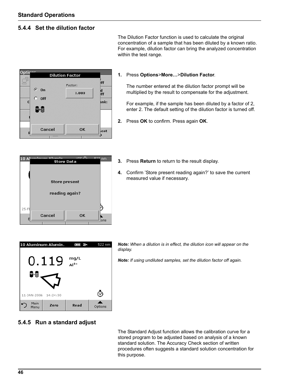 4 set the dilution factor, 5 run a standard adjust | Hach Portable Spectrophotometer DR 2800 User Manual | Page 46 / 126