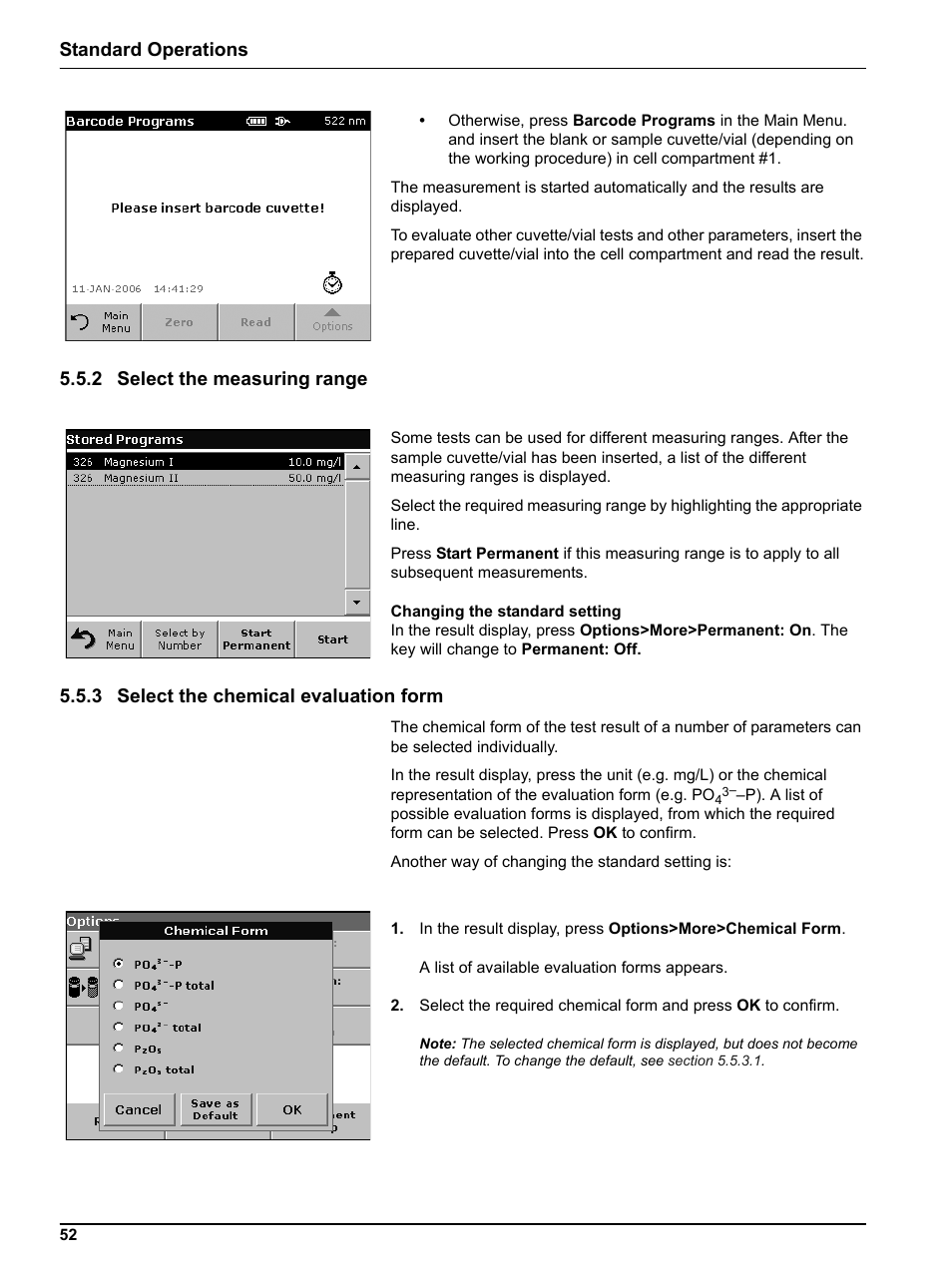2 select the measuring range, 3 select the chemical evaluation form, Standard operations | Hach Portable Spectrophotometer DR 2800 User Manual | Page 52 / 126