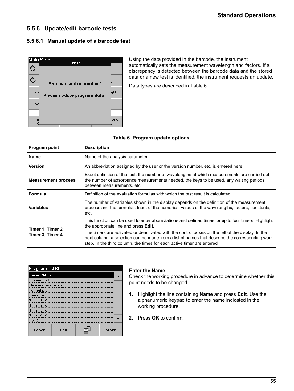 6 update/edit barcode tests, 1 manual update of a barcode test | Hach Portable Spectrophotometer DR 2800 User Manual | Page 55 / 126