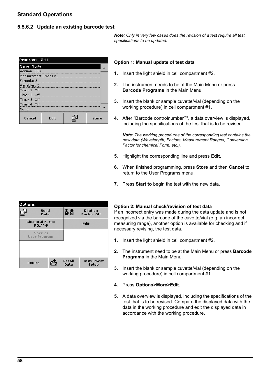 2 update an existing barcode test, Standard operations | Hach Portable Spectrophotometer DR 2800 User Manual | Page 58 / 126